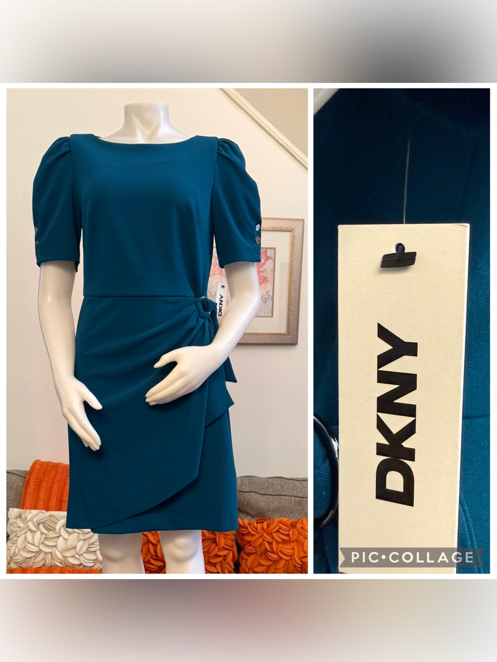 NWT DKNY Short Sleeve Jewel Neck Scuba Crepe Dress Teal Green / Blue  $129 MSRP